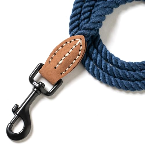 Dog Leash Braided Cotton Rope with Leather (Navy / 48 Inch-1/3")