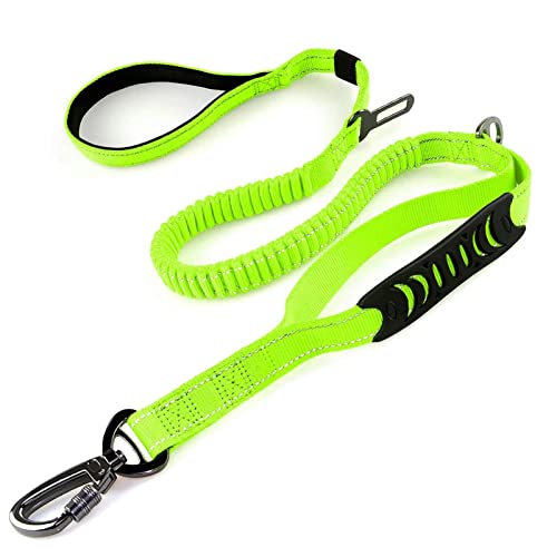 Heavy Duty Bungee Dog Leash with Locking Carabiner for Large Dogs (Fluorescent Green)
