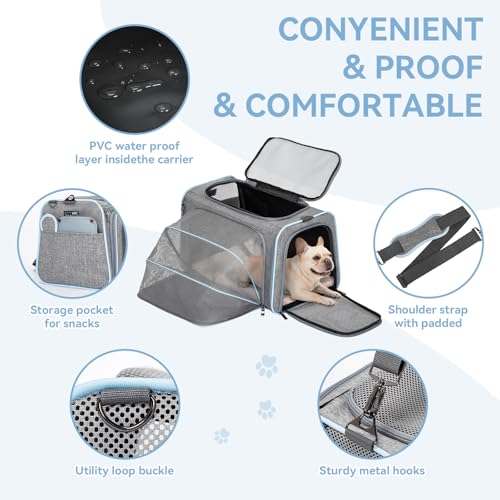 Large Expandable Cat Carrier for Travel (19.0"L x 12.0"W x 12.0"H / Light Gray)
