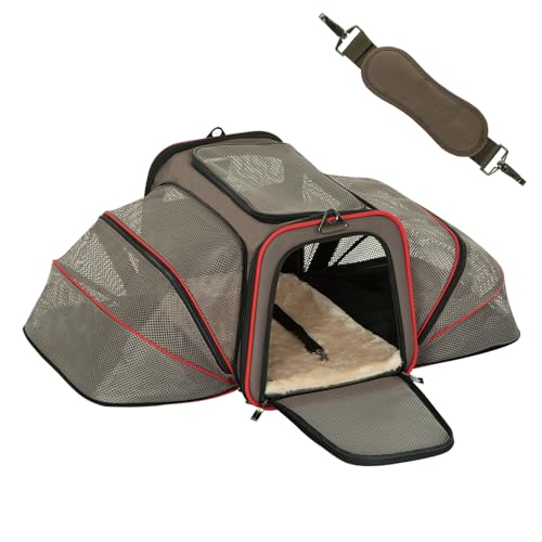 2 Side Expandable Pet Carrier Dog Carrier Cat Carrier for 2 Cats (18.9"L x 12.2"W x 12.2"H / Gray Brown)