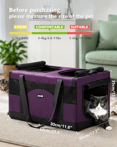 Cat Carrier Soft Double Pet Crate for 2 Cats Travel (Purple)