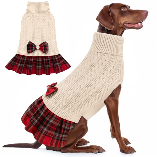 Dog Sweater Dress for Large Dogs Turtleneck Thick Knit Pullover (3XL (70-95lbs) / 01# Beige)