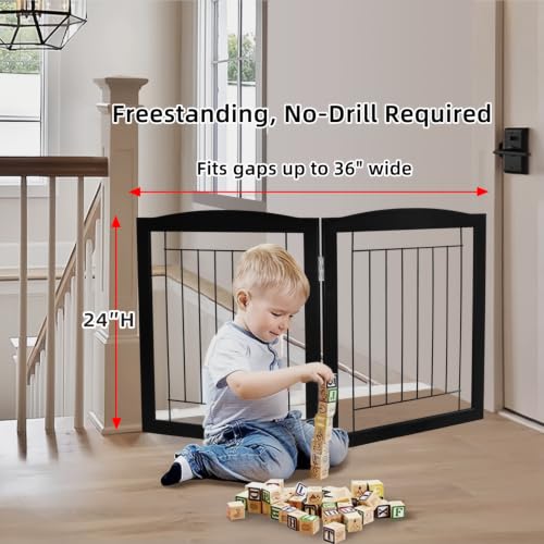 Freestanding Foldable Dog Gate for House Extra Wide Wooden Indoor Puppy Gate Stairs Doorways Pet Gate Tall Dog Fence 2 Panels Fence Black (Black / 【2 Panels】40''w x 24''h)