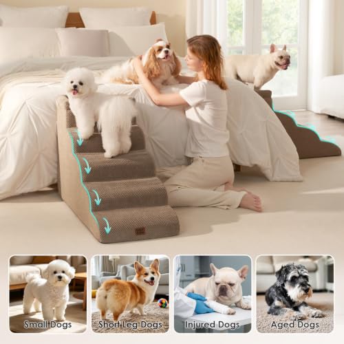 5 Step Curved Dog Stairs for High Beds 20.7" H (Camel / 35.4"l X 15.7"w X 22.7"h)