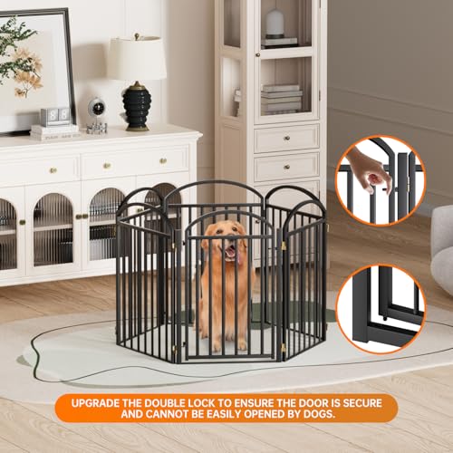 6 Panels Full Matel Freestanding Dog Gates with Door (【6 Panels with Door】144"W*32H" / Black)