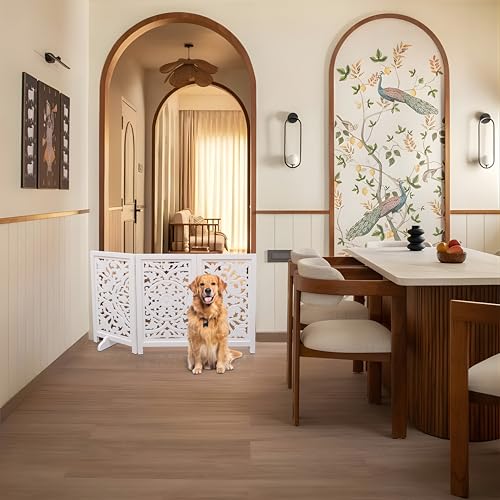 Freestanding Pet Gate for Dogs (White Antique / 48x28" 3 Panel Circle)