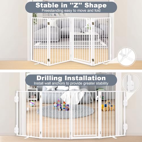 Metal Freestanding Dog Gates with Door for Outdoor Indoor (White / 【8 Panels with Door】 36''H*160''W)