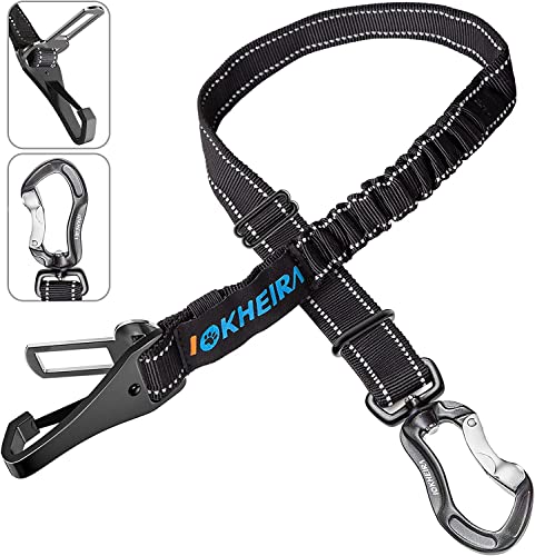 Dog Seatbelt Updated Adjustable Harness Reflective Bungee Dog Car Seat Belt with Aviation Aluminum Alloy Rotatable Carabiner (Black)