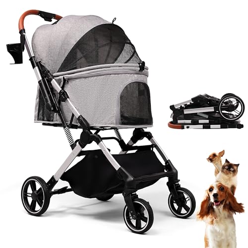 Foldable Dog Stroller for Small Medium Dogs & Cats (Grey)
