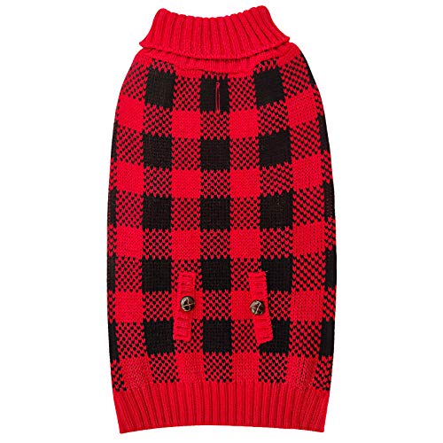 Christmas Dog Sweaters Buffalo Check with Leash Hole Turtleneck Dogs Cable Knit Cat Sweater Small Dogs Pullover Dog Christmas Outfit for Cold Weather (Small (4-7lbs) / 4# Christmas Red)