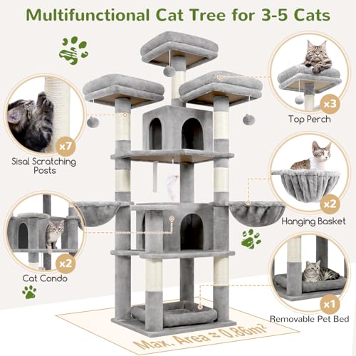 Big XL Cat Tower for Indoor Multiple Cats (Light Grey / 68 inch)