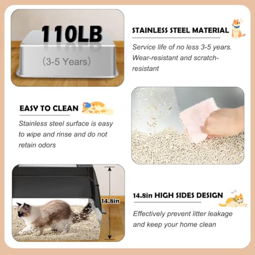 XL Stainless Steel Cat Litter Box with Lid (Black)