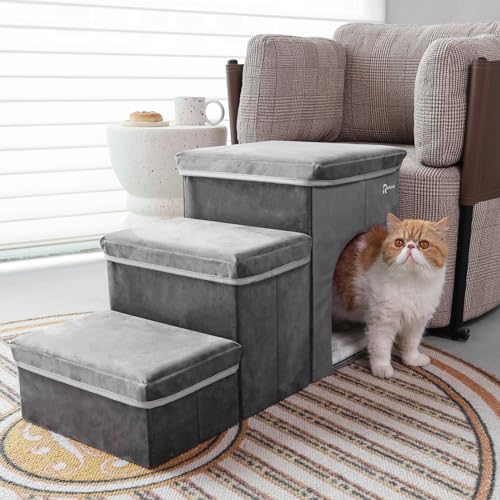 Foldable Pet Stairs with Cozy House & Storage (Dark Gray Suede)