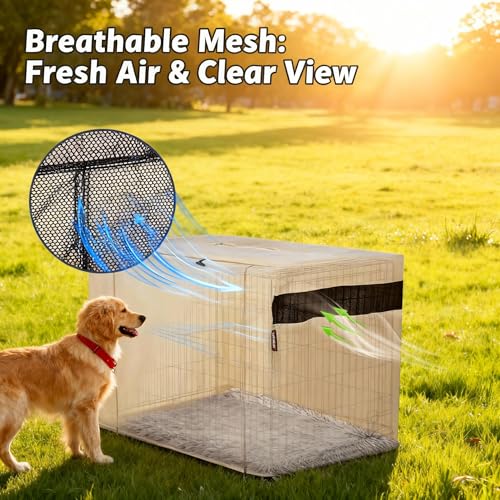 42 Inch Dog Crate Cover with Mesh (42.0"L x 28.0"W x 30.0"H / Beige)