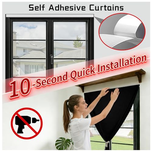 100% Blackout Self Adhesive Curtains (59"W x 60"L (Pack of 1) / Black)