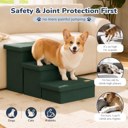 3 Step Wide Dog Stairs with Hidden Storage 18" H (Dark Green / 30"D x 17"W x 17.7"H)