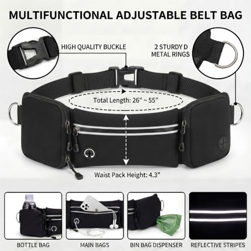 Hands Free Dog Leash 3 Zipper Pounchs with Reflective Strips Poop Bag Dispenser (Black)