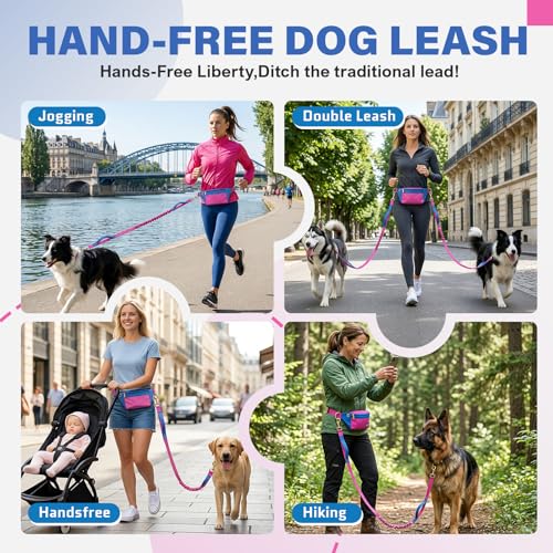 Hands Free Dog Leash with Pouch for Walking and Running (Navy)