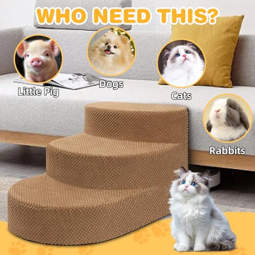 Dog Stairs 3 Steps Foam Pet Ramp for Small Dogs Cats (Khaki-3-Step)