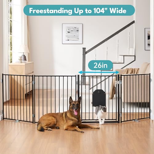 Freestanding Dog Gate with Cat Door for Indoor & Outdoor (Black / 【4 Panels with Cat Door】30''Tall, 104" Wide)