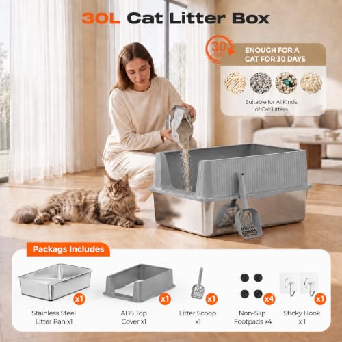XL Stainless Steel Cat Litter Box with Lid and Scoop (Light Gray)