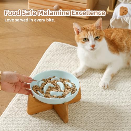 Elevated Slow Feeder Cat Bowl (Blue + Bamboo Base / 7"H)