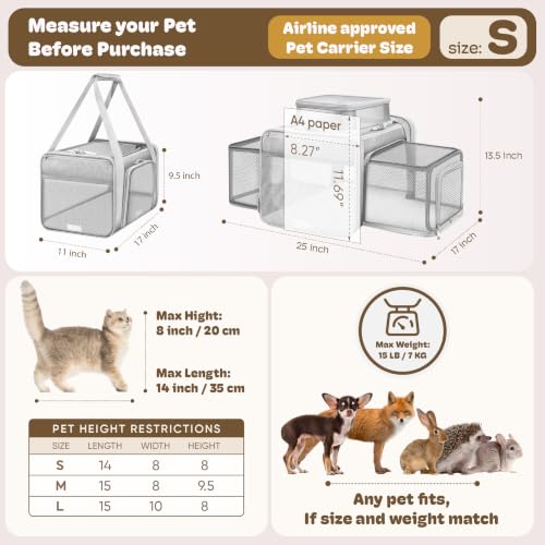 Top and 2 Sides Expandable Pet Carrier 17x11x9.5 TSA Airline Approved (Grey / 17.0"L x 11.0"W x 9.5"H)
