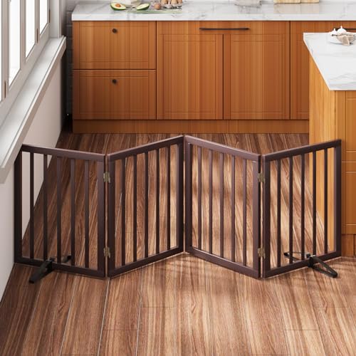 Freestanding Dog Gate Folding Brown Dog Gates for the House Doorways Stairs Pet Gates for Dogs (Bamboo Dog Gate Brown / 4 Panel - 74 inches Wide)