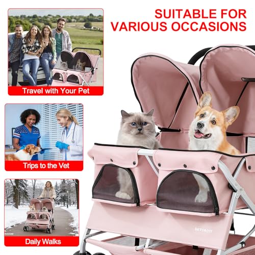 Double Pet Stroller for 2 Small Dogs & Cats (Pink)