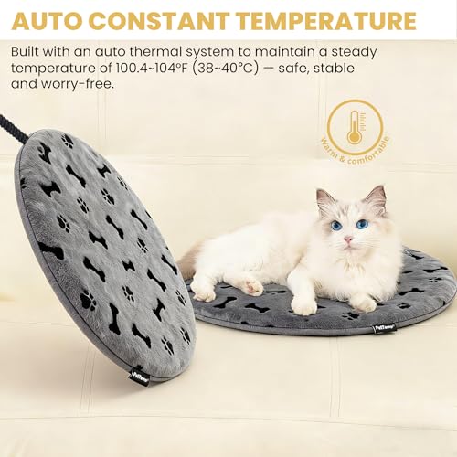 Pet Heating Pad for Cats Dogs Indoor & Sheltered Outdoor Waterproof Heated Cat Bed Heated Dog Bed Chew Resistant Cord Constant Temperature Electric Warming (Grey / Round: 16" x 16" x 1.3")