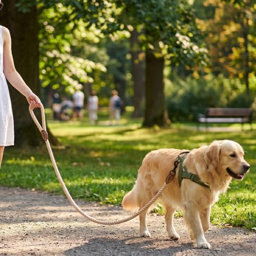 Dog Leash Braided Cotton Rope with Leather (Light Brown / 72 Inch-1/2")