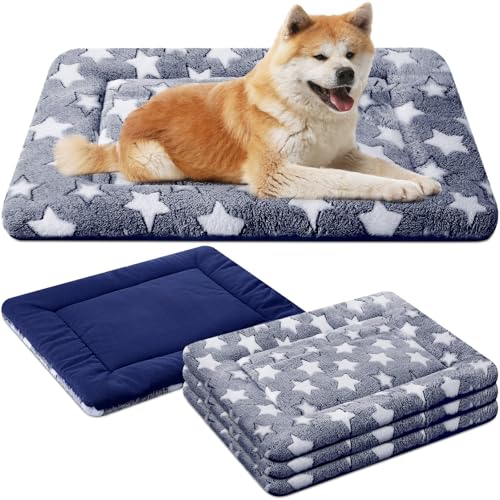 4 Pcs Dog Crate Pads Soft Warm (Rectangular 20 x 30 x 1.6 Inch / Star / Blue)