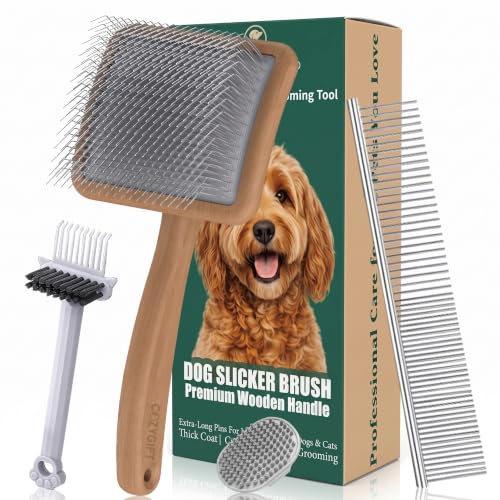 Slicker Brush for Dogs Grooming Kit with Cleaning Rake Tool 4PCS (Naturally)