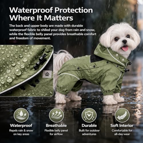 Waterproof Dog Raincoat with Removable Hood (Sage Green / M (Back 14"))