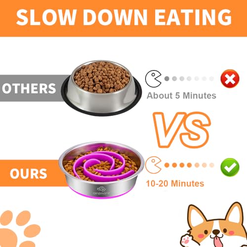 2-in-1 Metal Dog Bowl with Slow Feeder Insert, Stainless Steel Dog Bowls Food Grade 304, Water Food Bowl with Anti-Slip Silicone Base for Small, Medium, Large Dogs (1 Cup / Purple)