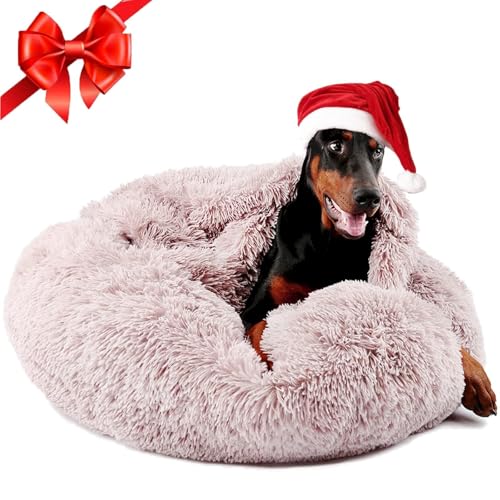 35in Covered Large Dog Bed with Blanket Attached Calming Burrow Beige (35.0"L x 35.0"W x 10.0"Th / Beige)
