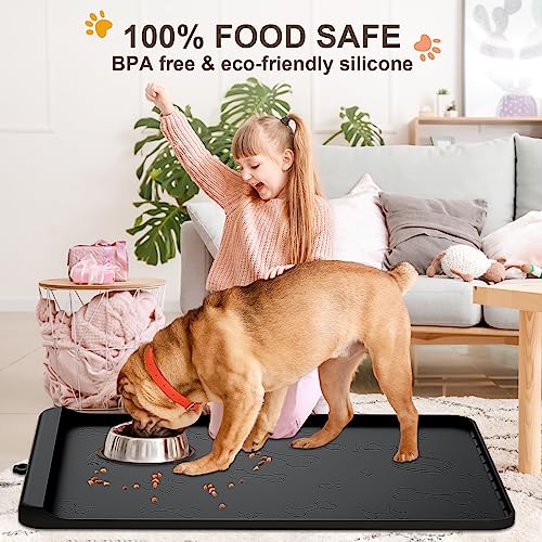 Dog Food Mat Silicone Dog Mat for Food and Water (Black / 28"L x 20"W)