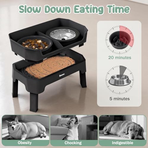 4 in 1 Adjustable Elevated Dog Bowls with 2*Stainless Steel Bowls (Black)