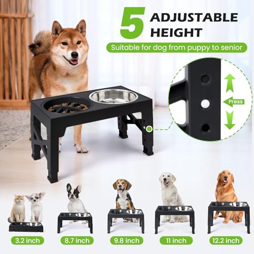 Elevated Dog Bowls with 5 Adjustable Heights Stand (Black)