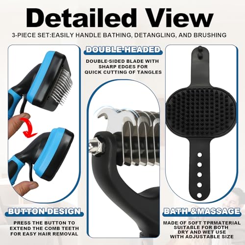 Blue Pet Grooming Kit 3Pcs Dematting Comb for Dogs&Cats Shedding (Blue)