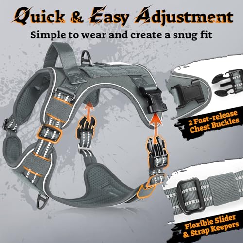 Tactical Dog Harness for Large Dogs (L(Chest:22"-37",Neck:21.1"-30.3",Back:8.3") / Grey)