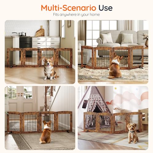 Indoor Dog Gate with Support Feet (Rustic Brown / 【4 Panels】80.3"L x 24"H)
