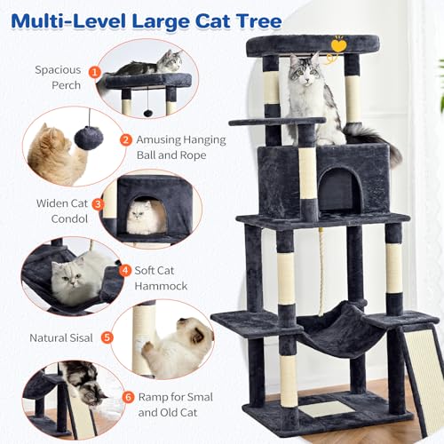 63" Multi Level Cat Tree Tower for Indoor Cats (Dark Grey)