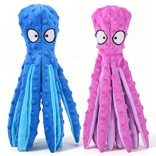 Squeaky Dog Toys No Stuffing Octopus Crinkle for Large Medium Small Dog (Octopus Purple & Blue)
