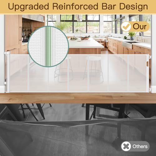 Reinforced 100 Inch Retractable Baby Gates for Doorways Extra Wide to Prevent Crawling Through (White / 33" Tall x 100" Wide（ With Reinforced Bar ）)