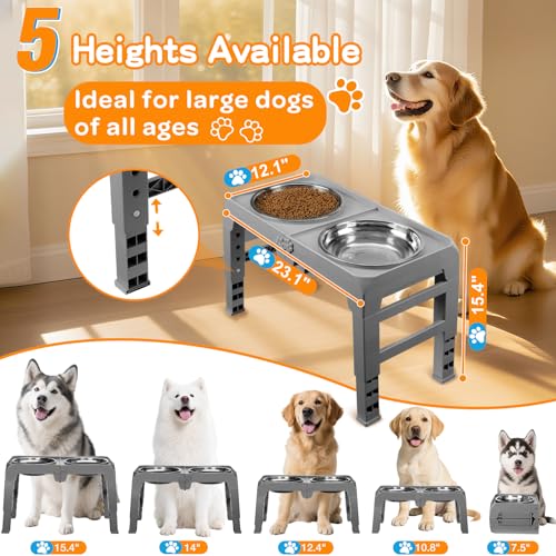 Elevated Dog Bowls for Large Dogs 5 Adjustable Heights 7.5" (Grey / 10" for Large Dogs)