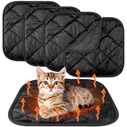 4 Pack Self Heating Cat Pad Self Warming Dog Mat Reflects Body Heat Extra Warm Thermal Pet Pad Washable Dog Cat Bed Crate Bed Mat Blanket (16 x 16 Inch / Black)