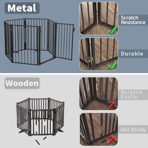 Metal Freestanding Dog Gates with Door for Outdoor Indoor (Black / 【4 Panels with Door】 24''H*80''W)