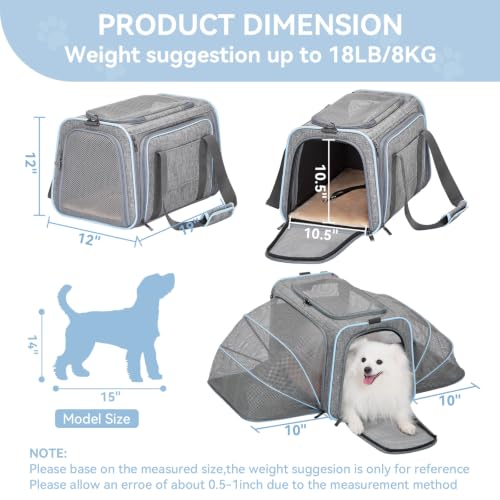 Large Double Expandable Cat Carrier for Large Cats and Small Dogs (19.0"L x 12.0"W x 12.0"H / Light Grey)