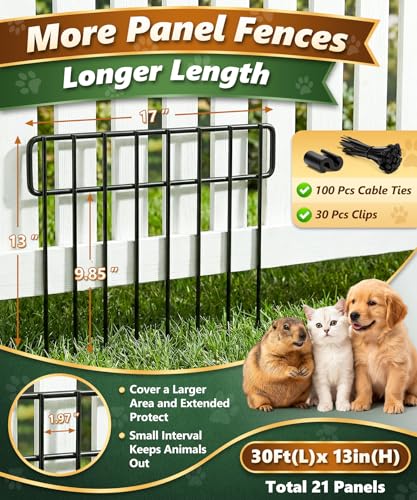 30Ft(L) X 13Inch(H) Animal Barrier Fence - 21 Pack Garden Fence Panels, Metal Garden Edging Fence Border No Dig Fencing for Dog Rabbits Ground Stakes Defense and Outdoor Patio Fence Extension (30 ft(L) X 13 in(H), 21 Pack / Black)